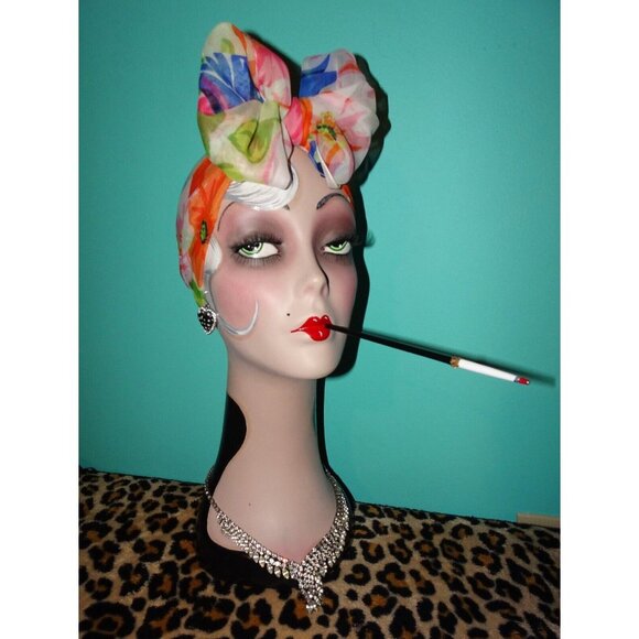 Vintage Diane Von Furstenberg Long Floral Scarf pinup retro rockabilly head wrap - Picture 3 of 9